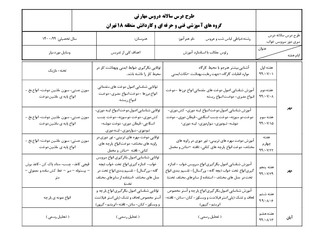 طرح درس  سالانه مهارت خیاط لباس شب و عروس (سری دوز سرویس خواب) دوازدهم