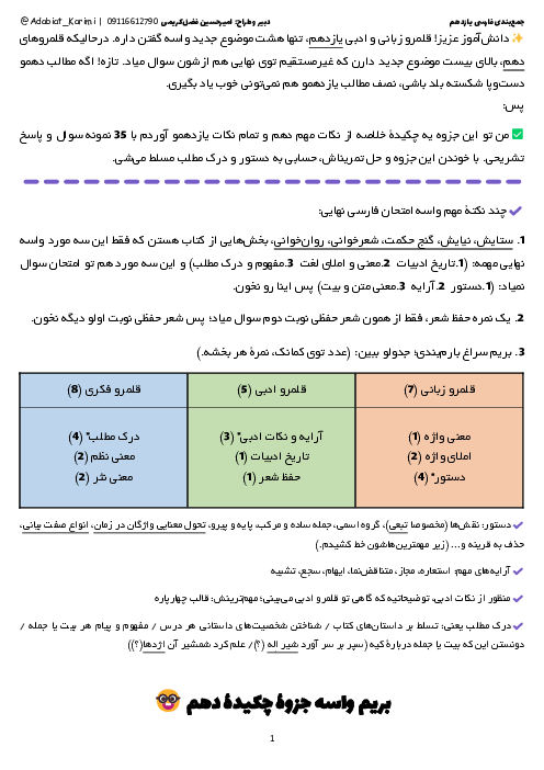 خلاصه فشرده قلمرو ادبی و زبانی فارسی یازدهم