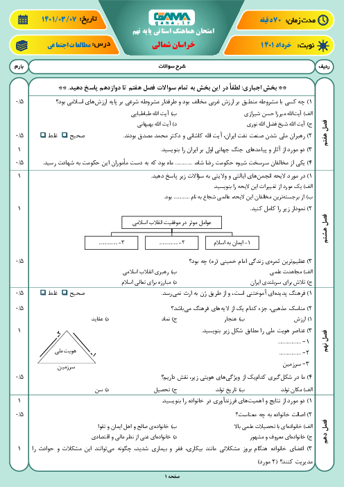 سوالات آزمون نوبت دوم مطالعات اجتماعی نهم هماهنگ استان خراسان شمالی | خرداد 1401