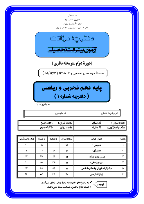 سوالات آزمون پیشرفت تحصیلی پایه دهم رشته ریاضی استان خراسان رضوی با پاسخ تشریحی | اسفند 95