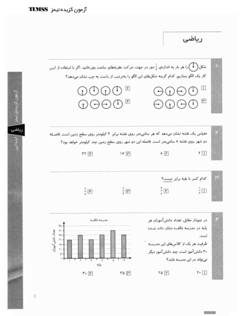 نمونه آزمون تیمز ریاضی و علوم پایه چهارم و پنجم ابتدایی 