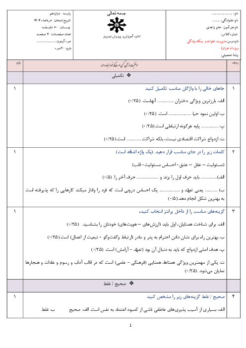 نمونه سوال مدیریت خانواده دختران کاردانش نوبت دوم خرداد 1405 هنرستان حضرت زینب
