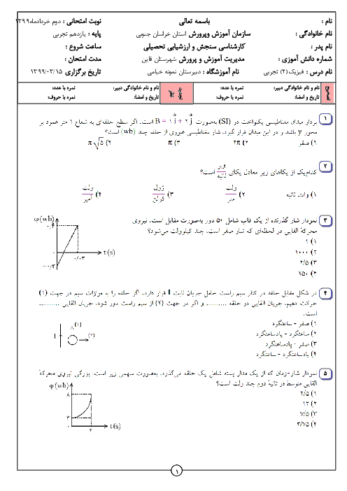 آزمون تستی نوبت دوم فیزیک (2) یازدهم تجربی دبیرستان نمونه خیامی قاین | خرداد 1399
