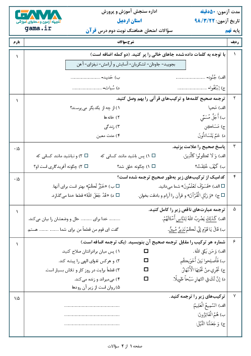 سؤالات امتحان هماهنگ استانی نوبت دوم قرآن پایه نهم استان اردبیل | خرداد 1398
