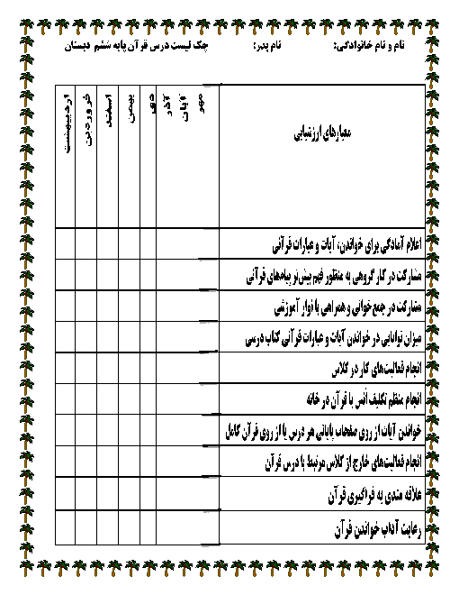 چک لیست قرآن پایه ششم دبستان