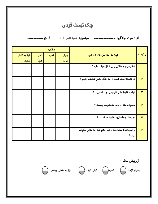 چک لیست فردی علوم چهارم دبستان | فصل 1 و 2