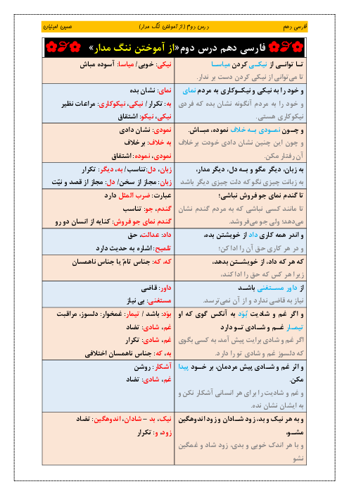 جزوه آموزش صفر تا صد فارسی (1) دهم | درس 2: از آموختن، ننگ مدار و روان خوانی دیوار