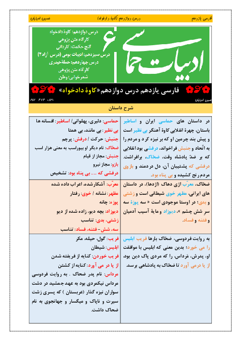 جزوه آموزش صفر تا صد فارسی (2) یازدهم | درس 12: کاوۀ دادخواه و گنج حکمت کاردانی