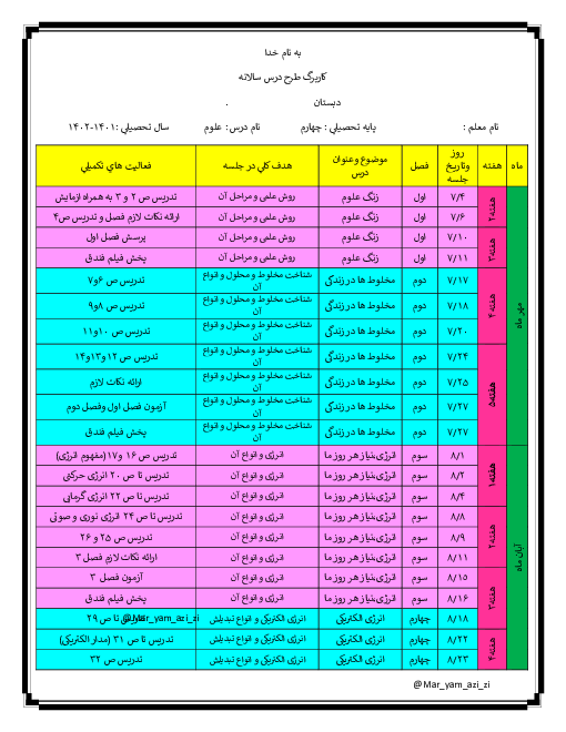 طرح درس سالانه ی علوم چهارم دبستان |  1401-1402