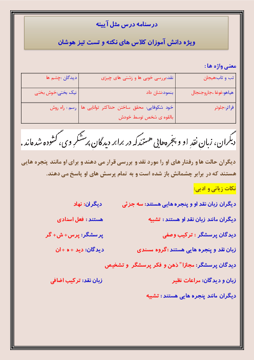 درسنامه درس 3: مثل آیینه و شعر کار و شایستگی | کتاب فارسی پایه نهم