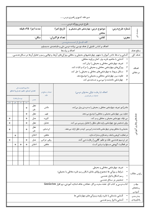 طرح درس بلوم چهارضلعی های محیطی و محاطی | هندسه یازدهم