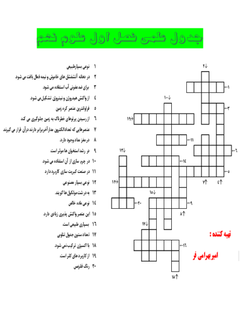 جدول علمی فصل اول علوم پایه نهم: مواد و نقش آنها در زندگی
