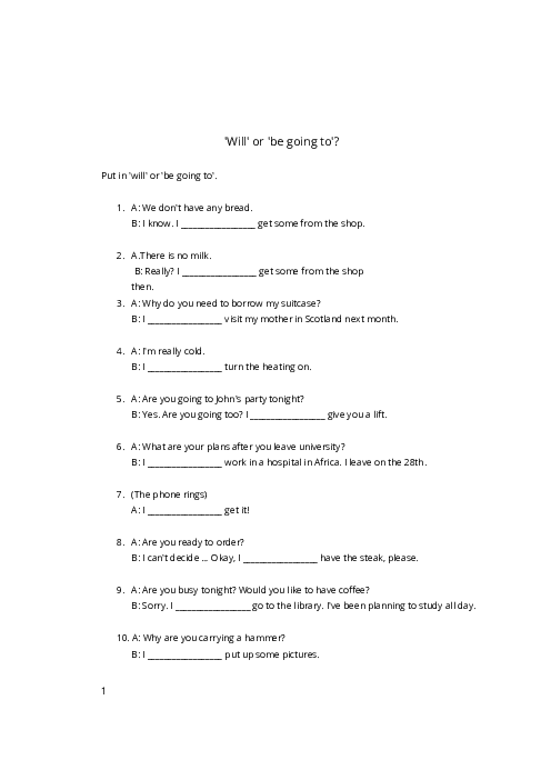 will vs ′be going to′ worksheet