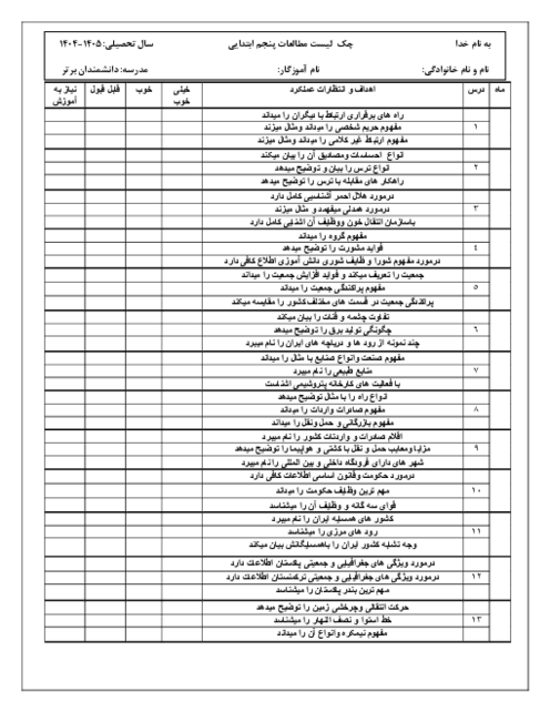 چک لیست های فردی تمام دروس پنجم ابتدایی