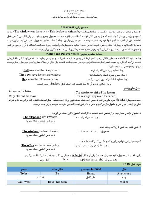 جزوه جامع گرامر معلوم و مجهول (Active and Passive Voices) درس اول زبان دوازدهم