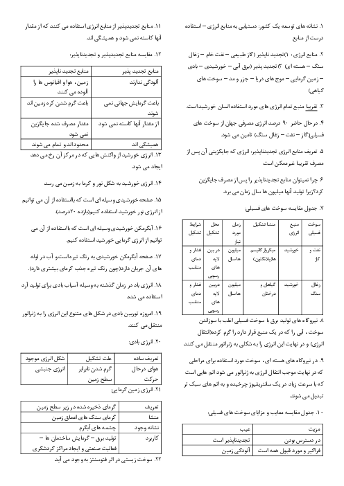 نکات فصل 9 علوم هفتم؛ منابع انرژی