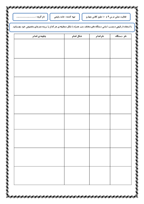 فعالیت عملی و گروهی درس 9 و 10 علوم کلاس چهارم