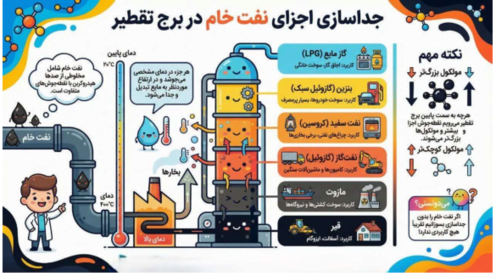اینفوگرافیک جداسازی اجزای نفت خام در برج تقطیر