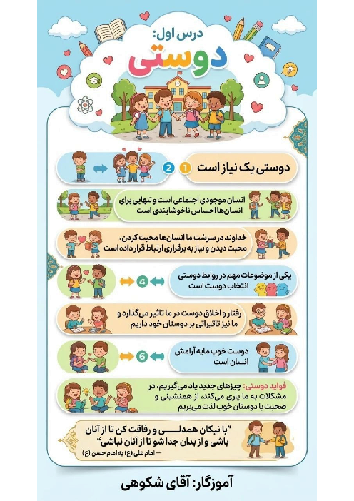 اینفوگرافی درس 1 مطالعات ششم | دوستی و فواید آن