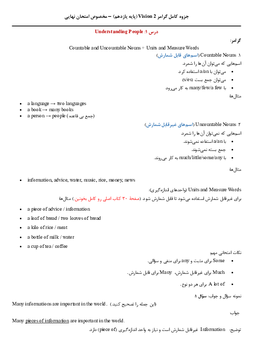 خلاصه گرامر و رایتینگ زبان انگلیسی یازدهم