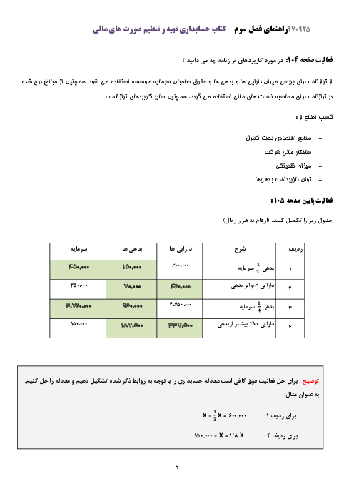 راهنمای حل فعالیت ها و کار عملی های حسابداری تهیه و تنظیم صورت‌های مالی دوازدهم هنرستان | پودمان 3: تهیه و تنظیم ترازنامه