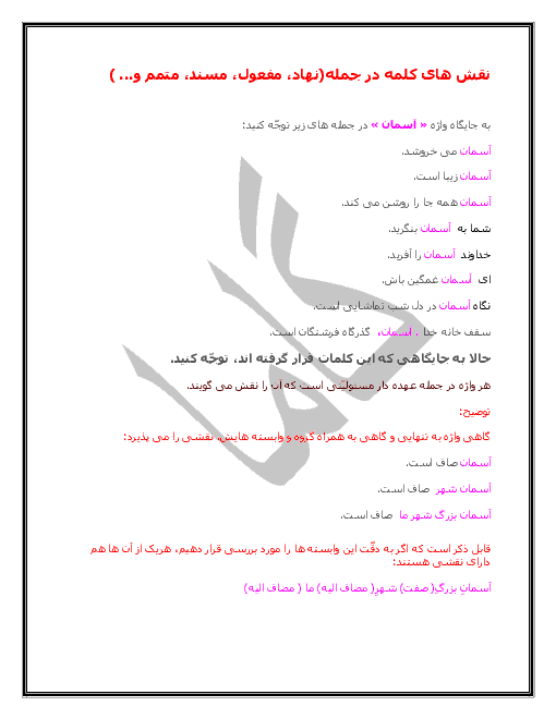 دستور زبان فارسی هفتم | نقش های کلمه در جمله (نهاد، مفعول، مسند، متمم و... )