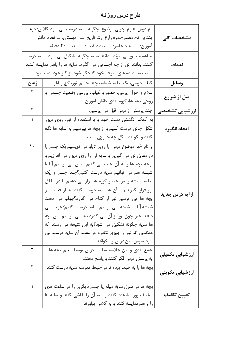 طرح درس علوم تجربی دوم دبستان | چگونه سایه درست می شود؟