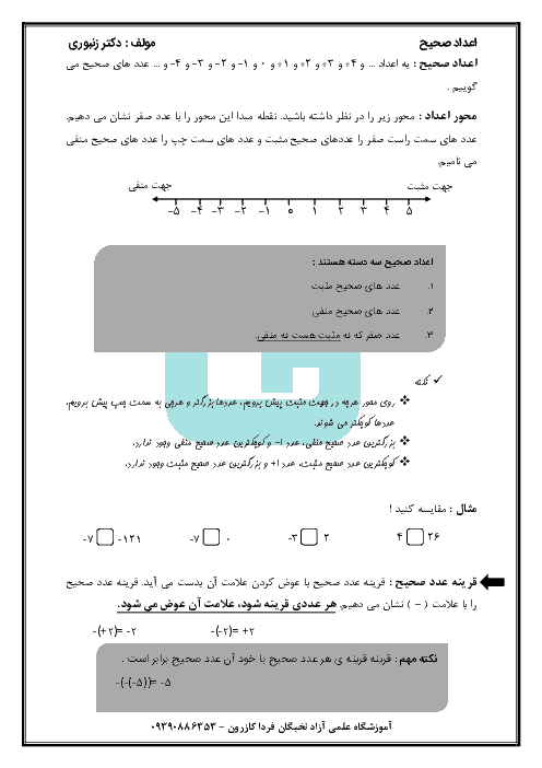 جزوه آموزشی ریاضی پایه هفتم   | فصل دوم: عدد های صحیح