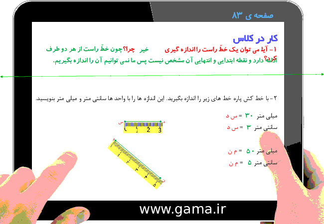 پاورپوینت تدریس و راهنمای گام به گام ریاضی سوم دبستان | فصل 5: محیط و مساحت (خط، نیم خط و پاره خط)- پیش نمایش