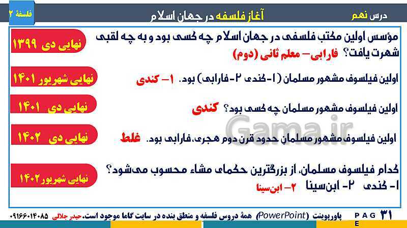 پاورپوینت تدریس و حل تست فلسفه (2) دوازدهم | درس 9: آغاز فلسفه در جهان اسلام- پیش نمایش