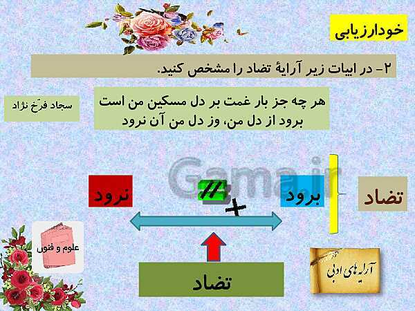 پاورپوینت آموزش کتاب درسی علوم و فنون ادبی (3) دوازدهم | درس 6: لف و نشر، تضاد و متناقض نما- پیش نمایش