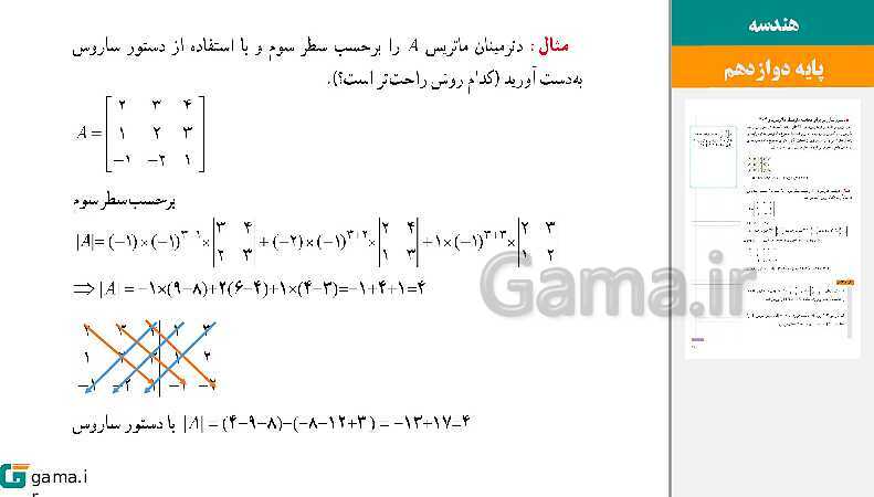 پاورپوینت حل فعالیت و کار در کلاس‌های فصل اول هندسه (3) دوازدهم | درس 2: وارون ماتریس و دترمینان- پیش نمایش