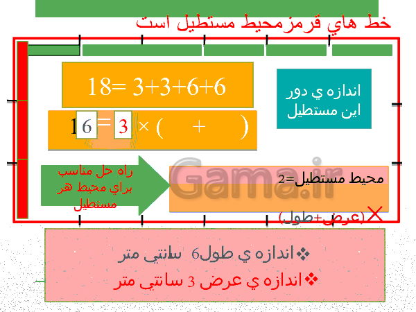 پاورپوینت ریاضی سوم دبستان | آموزش آسان محیط و مساحت مربع و مستطیل- پیش نمایش