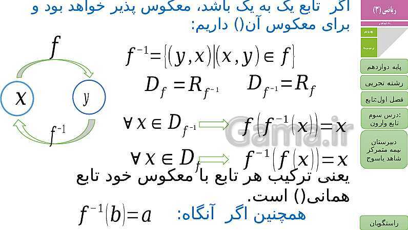 پاورپوینت ریاضی (3) دوازدهم دبیرستان | فصل 1 | درس 3: تابع وارون- پیش نمایش