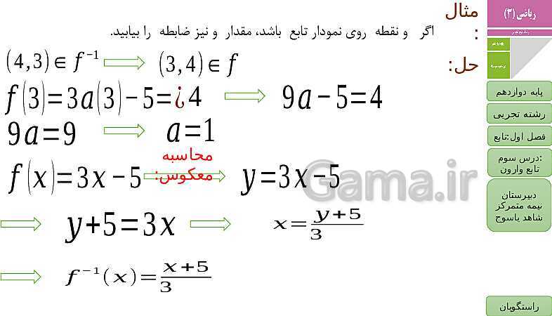 پاورپوینت ریاضی (3) دوازدهم دبیرستان | فصل 1 | درس 3: تابع وارون- پیش نمایش