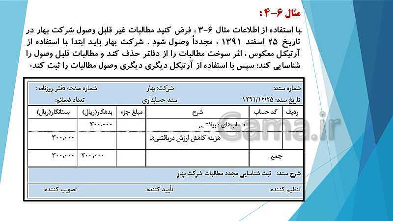 پاورپوینت درس کمک متصدی امور مالی یازدهم کاردانش | فصل 6: انجام عملیات مربوط به مطالبات- پیش نمایش