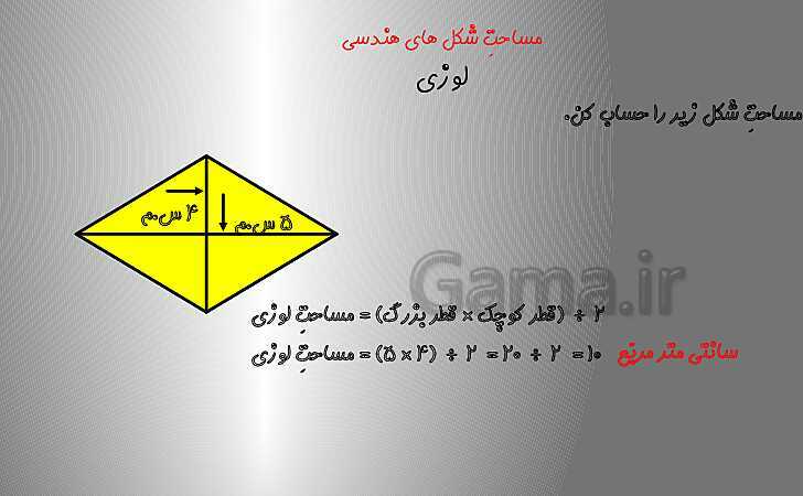 آموزش با پاورپوینت ریاضی چهارم دبستان | فصل ششم | مساحت چهار ضلعی‌ها، متوازی الاضلاع و مثلث- پیش نمایش