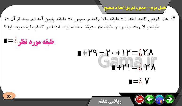 پاورپوینت حل مسائل فصل دوم کتاب ریاضی تکمیلی سمپاد هفتم | درس 2: جمع و تفریق عددهای صحیح- پیش نمایش