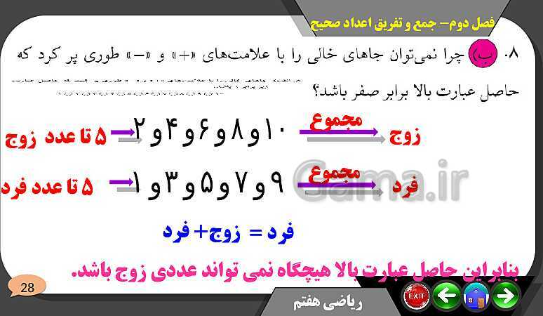 پاورپوینت حل مسائل فصل دوم کتاب ریاضی تکمیلی سمپاد هفتم | درس 2: جمع و تفریق عددهای صحیح- پیش نمایش