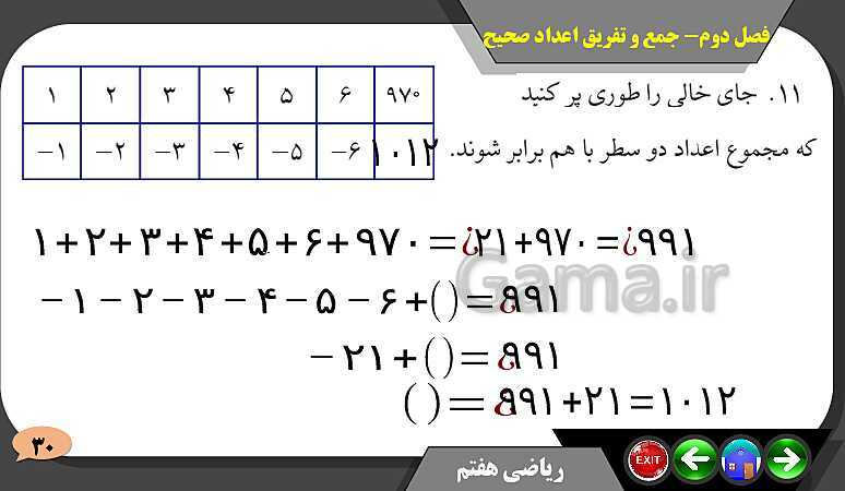 پاورپوینت حل مسائل فصل دوم کتاب ریاضی تکمیلی سمپاد هفتم | درس 2: جمع و تفریق عددهای صحیح- پیش نمایش