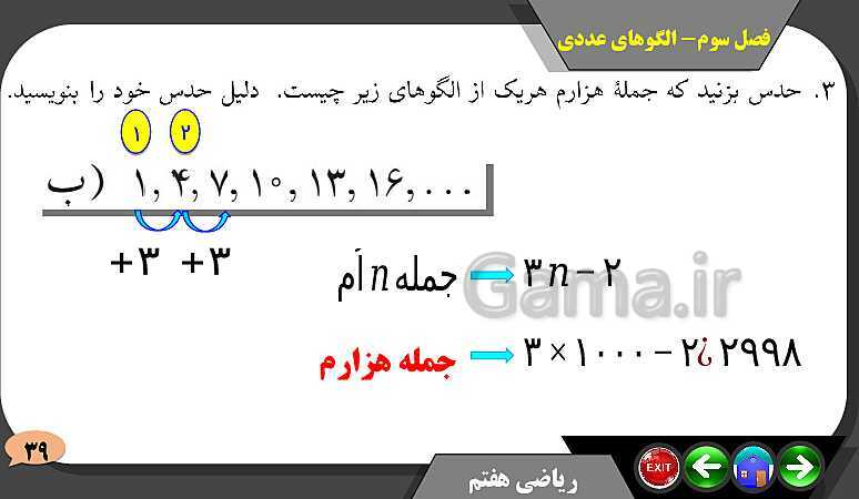 پاورپوینت حل مسائل فصل سوم کتاب ریاضی تکمیلی سمپاد هفتم | درس 1: الگوهای عددی- پیش نمایش