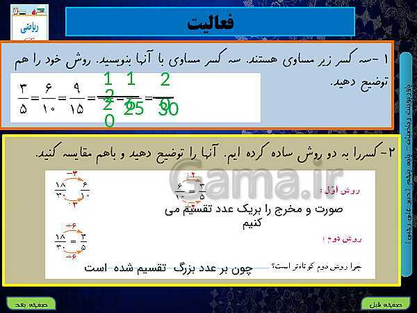 پاورپوینت آموزش کتاب درسی ریاضی کلاس پنجم دبستان | فصل 2: کسر- پیش نمایش