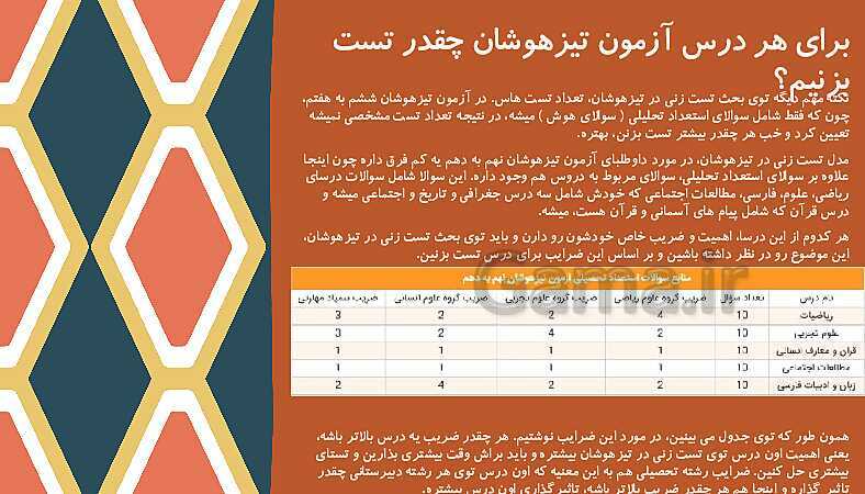 پاورپوینت آشنایی با تیپ سوالات آزمون تیزهوشان و روش های صحیح مطالعه- پیش نمایش