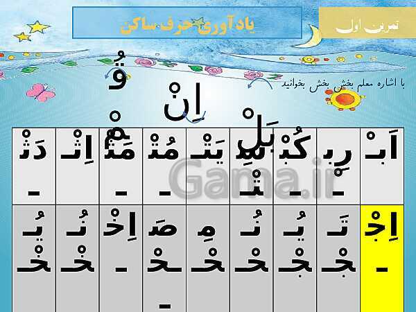 پاورپوینت آموزش قرآن کلاس سوم دبستان | ترکیب حروف و حرکات و حرف ساکن- پیش نمایش