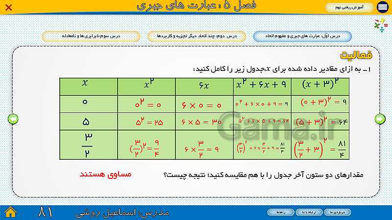 پاورپوینت ارائه ریاضی سال نهم |  فصل 5: عبارت‌های جبری- پیش نمایش