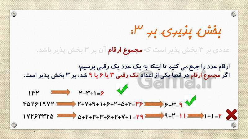 پاورپوینت تدریس ریاضی ششم ابتدائی | بخش‌پذیری بر اعداد 1 تا 15- پیش نمایش