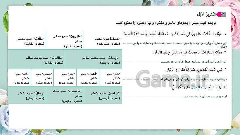 پاورپوینت حل تمرین های کتاب عربی هفتم  | درس 1: قسمت اول تا سوم- پیش نمایش