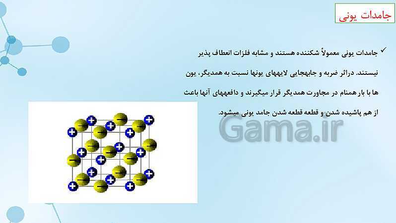 پاورپوینت آموزشی شیمی دوازدهم | جامدهای مولکولی، یونی، کووالانسی و فلزی- پیش نمایش