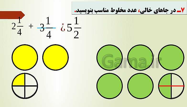 پاورپوینت تدریس فصل دوم ریاضی پنجم ابتدائی | درس 2: جمع و تفریق عددهای مخلوط- پیش نمایش