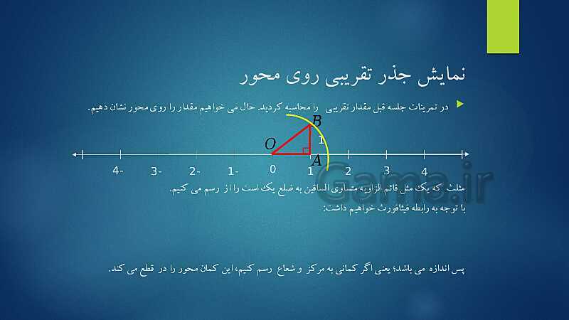 پاورپوینت آشنایی با مفهوم جذر، جذر تقریبی و نمایش اعداد رادیکالی روی محور- پیش نمایش